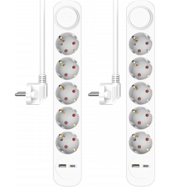 Multiprise ELRO ES305 à 7 voies avec cordons de 1,5m et interrupteur - 5x prises de courant + USB + USB-C - Dispositif de sécurité enfants - fiche avec mise à la terre - max 3680W - testée par TÜV  | 2-Pack (ES305)