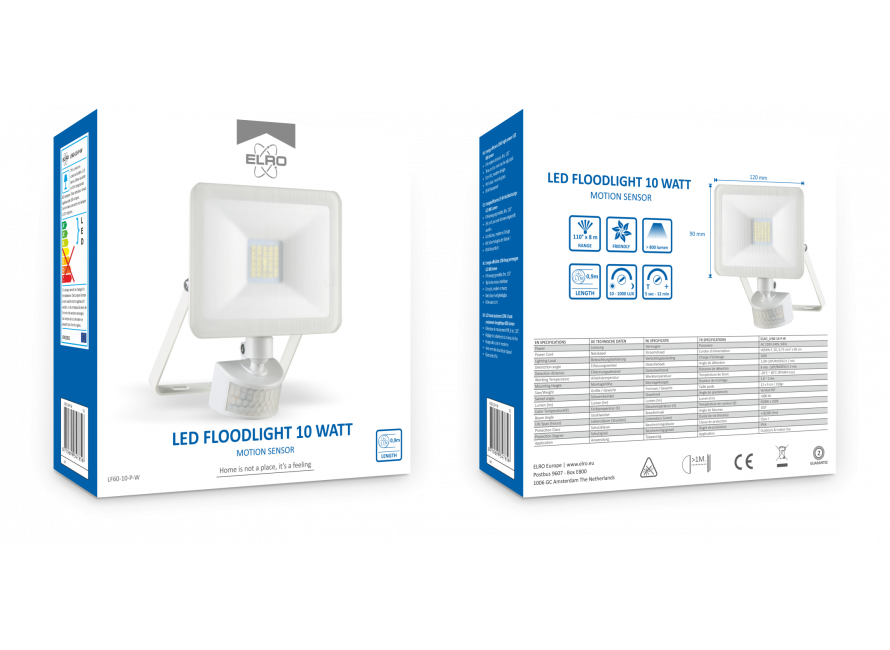Lampe d'extérieur LED ELRO LF60 Design avec Détecteur de Mouvement - 10W -  800LM - Étanche IP54 - Blanc (LF60-10-P-W) ELRO